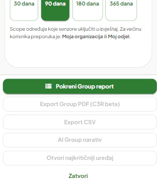 Isječak aplikacije: postavke Group C3R izvještaja s gumbima Pokreni Group report, Export Group PDF (C3R beta), Export CSV i AI Group narativ